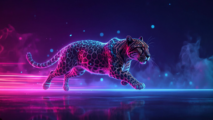 Leopard running through futuristic landscape