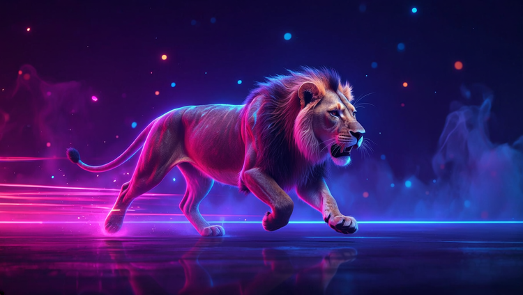Majestic lion walking in neon futuristic setting